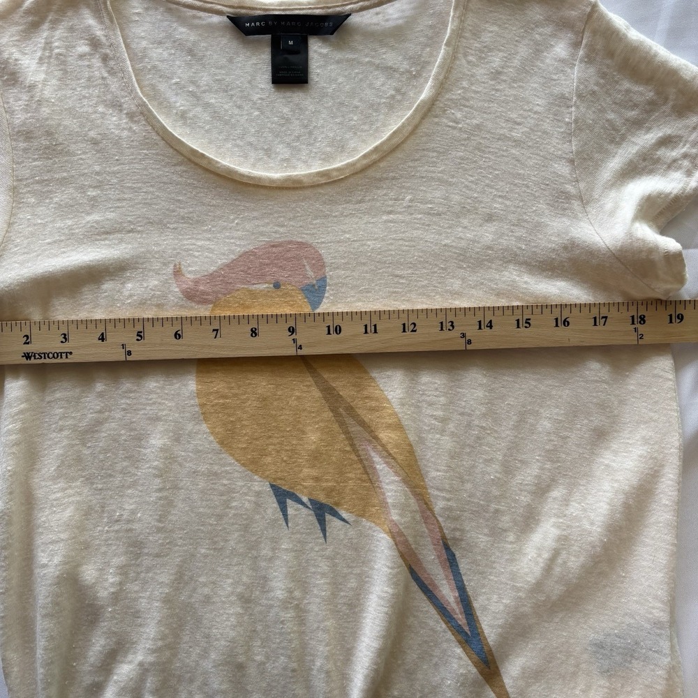 Marc by Marc Jacobs 100% Linen Tee Top Med Ivory  Pastel Parrot Print S/S Beachy - Picture 7 of 10